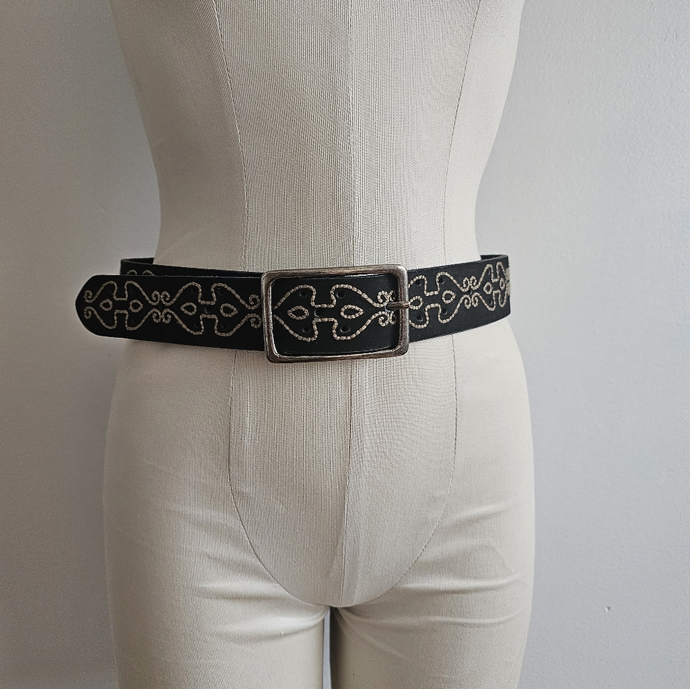 Black Leather Belt with  Embroidery